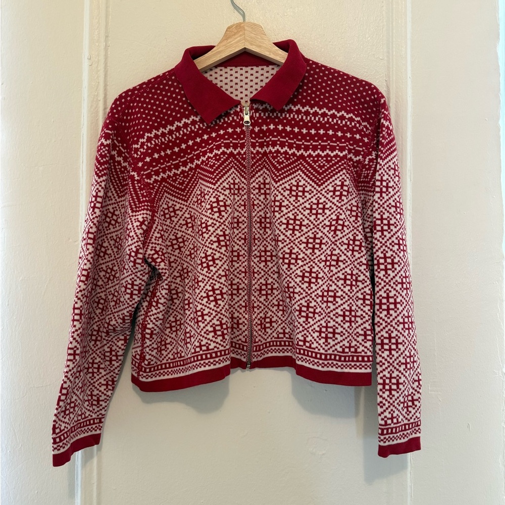 Red Patterned Zip-Front Women's Sweater